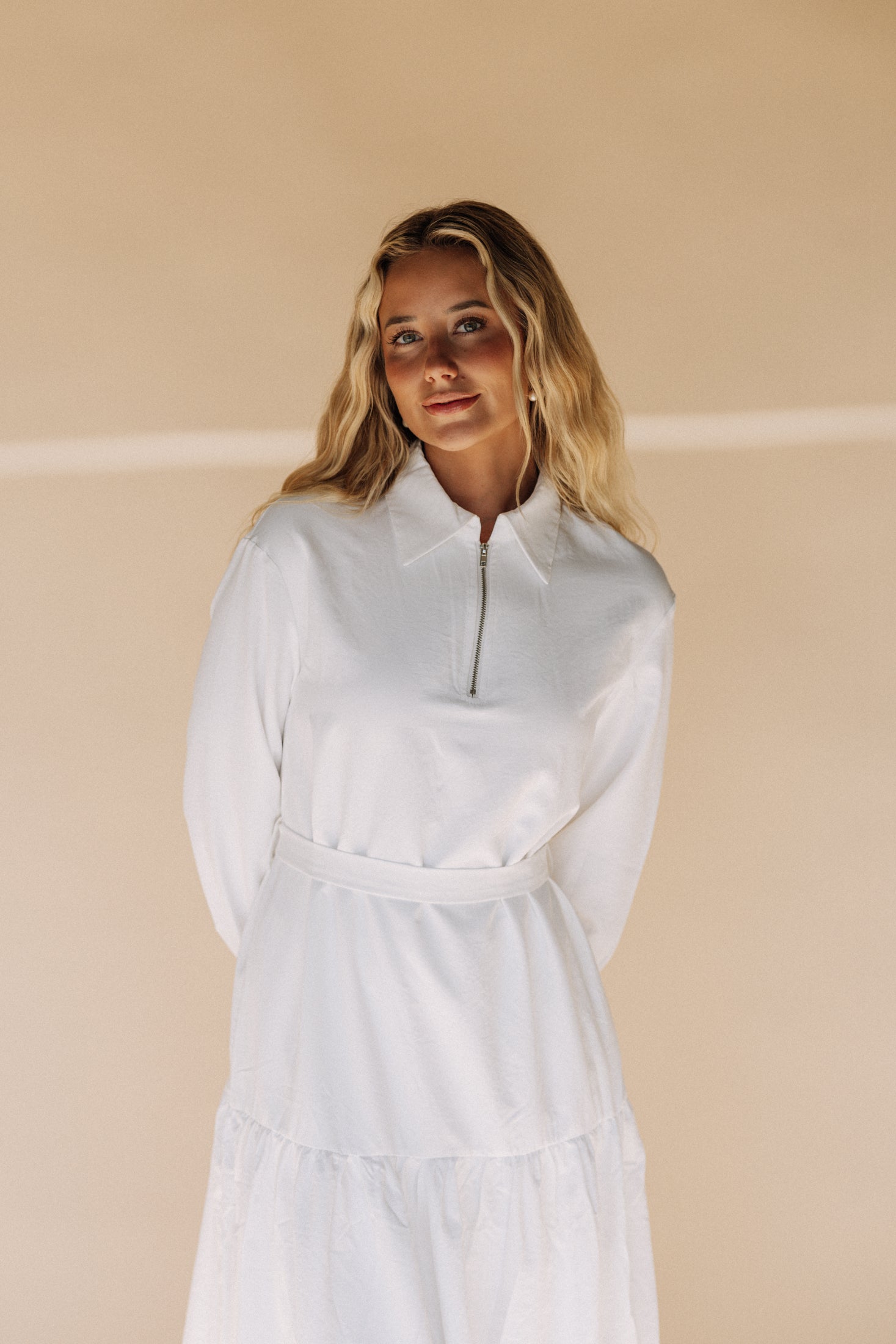 White front zipper maxi dress