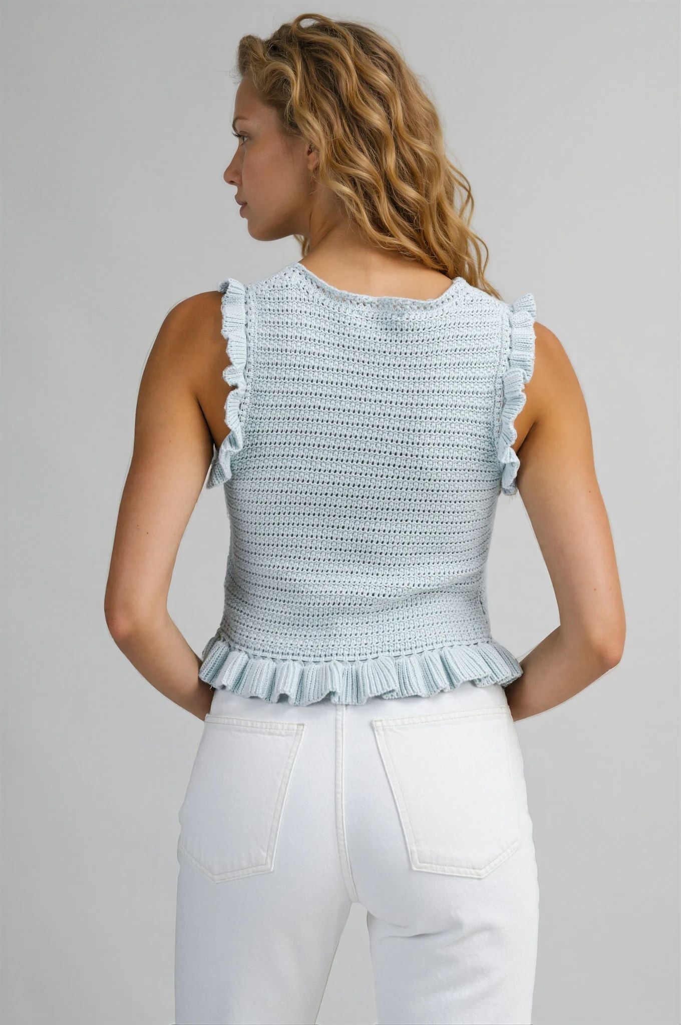 Sara Reversible Ruffle Knit Top in Light Blue – FEHRNVI