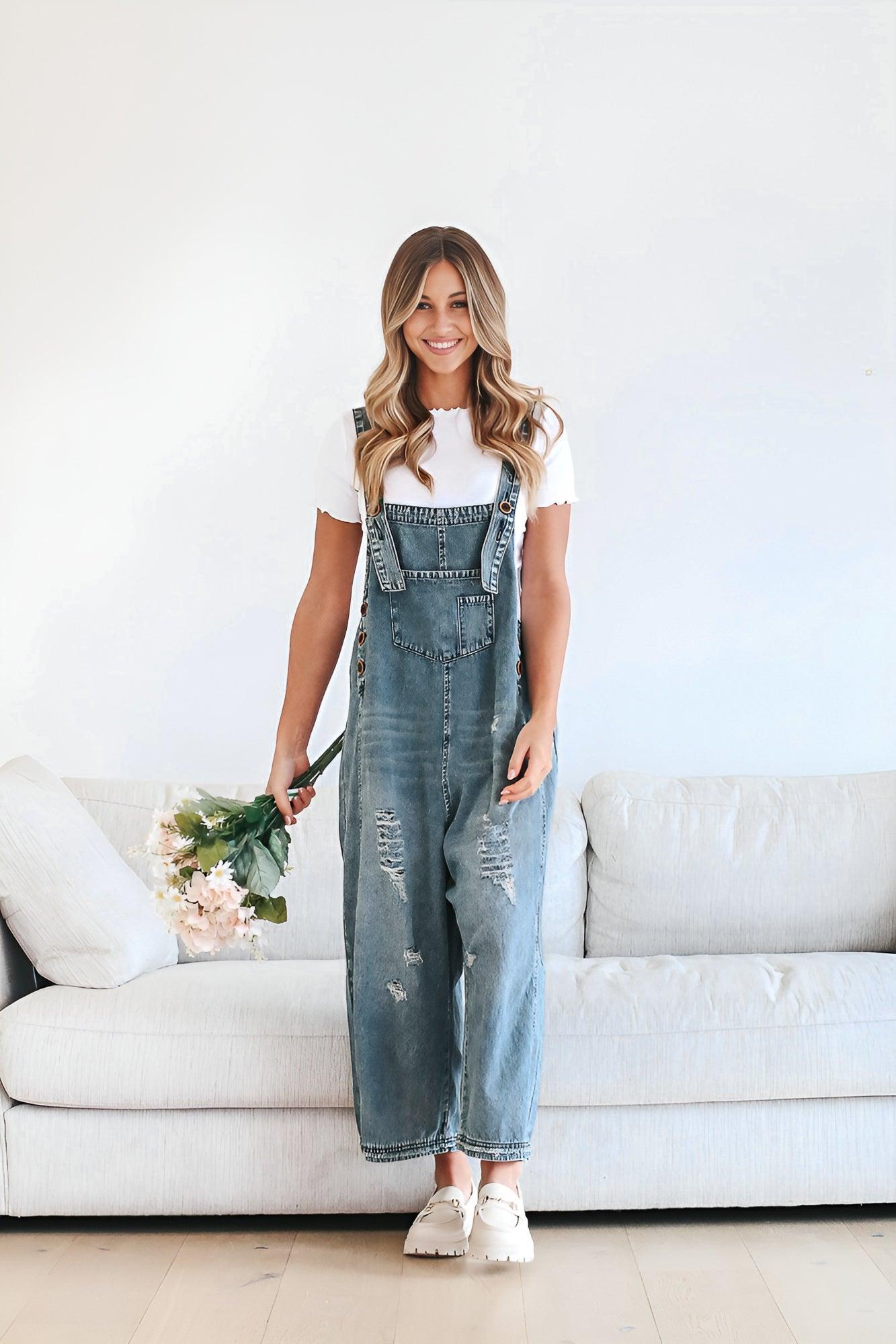 blue women's denim overalls