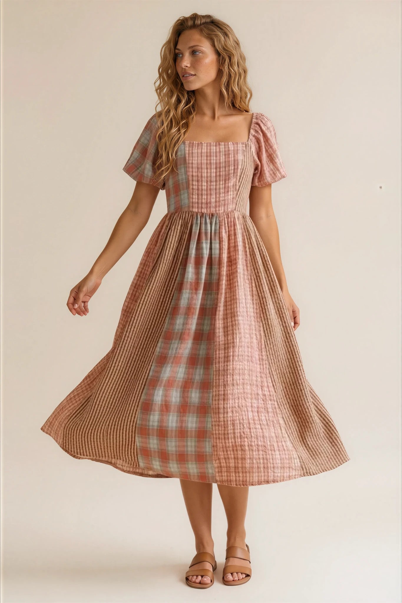 Woman wearing a plaid dress with a beige background