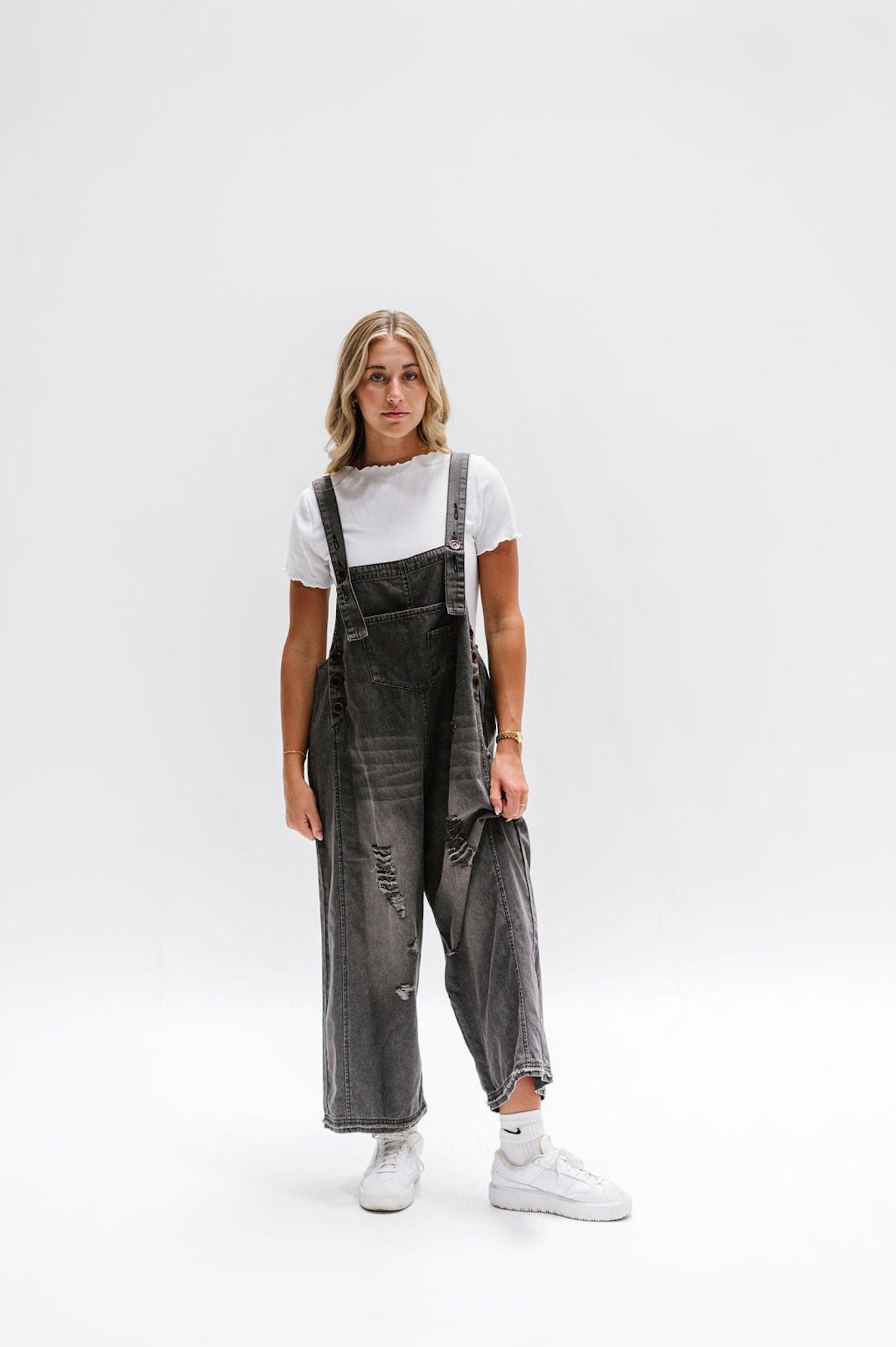 Black denim women's oversized overalls