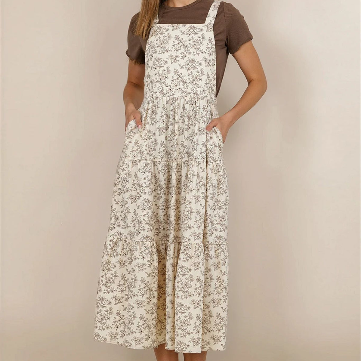 overall maxi dress Shay Overall Dress in Cream & Brown Floral M