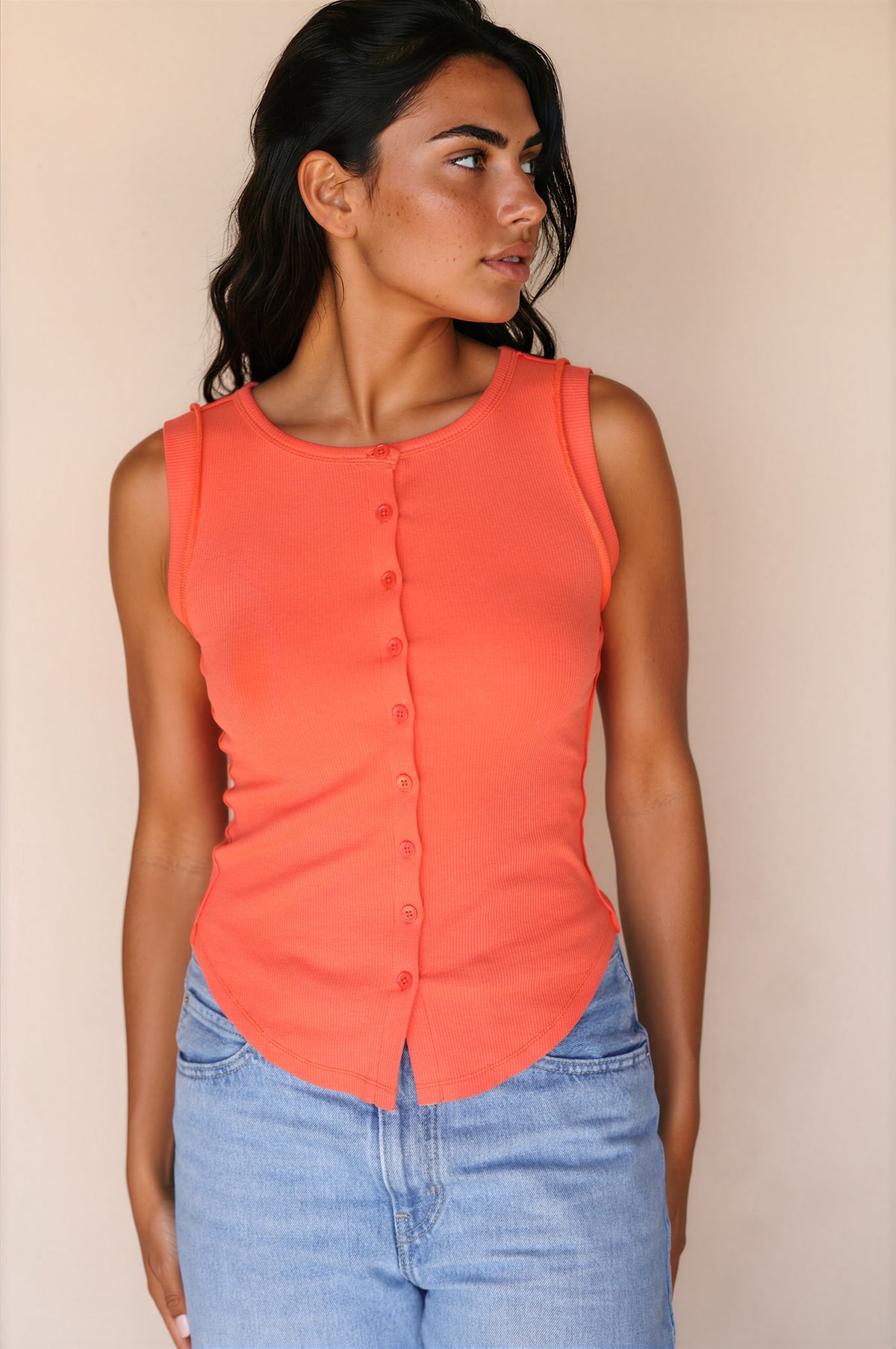 Marci Sleeveless Button Up Top in Orange