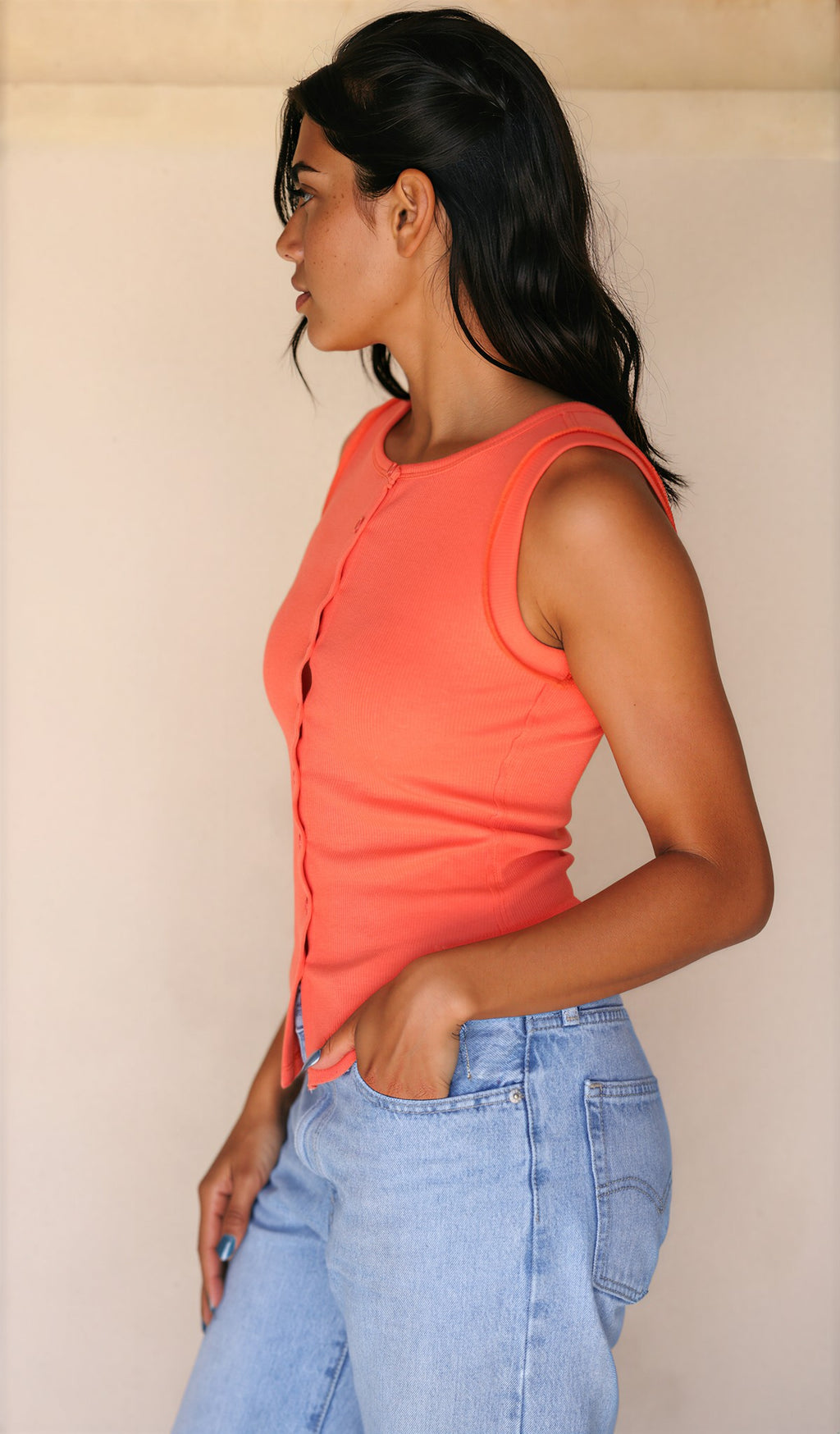 Marci Sleeveless Button Up Top in Orange