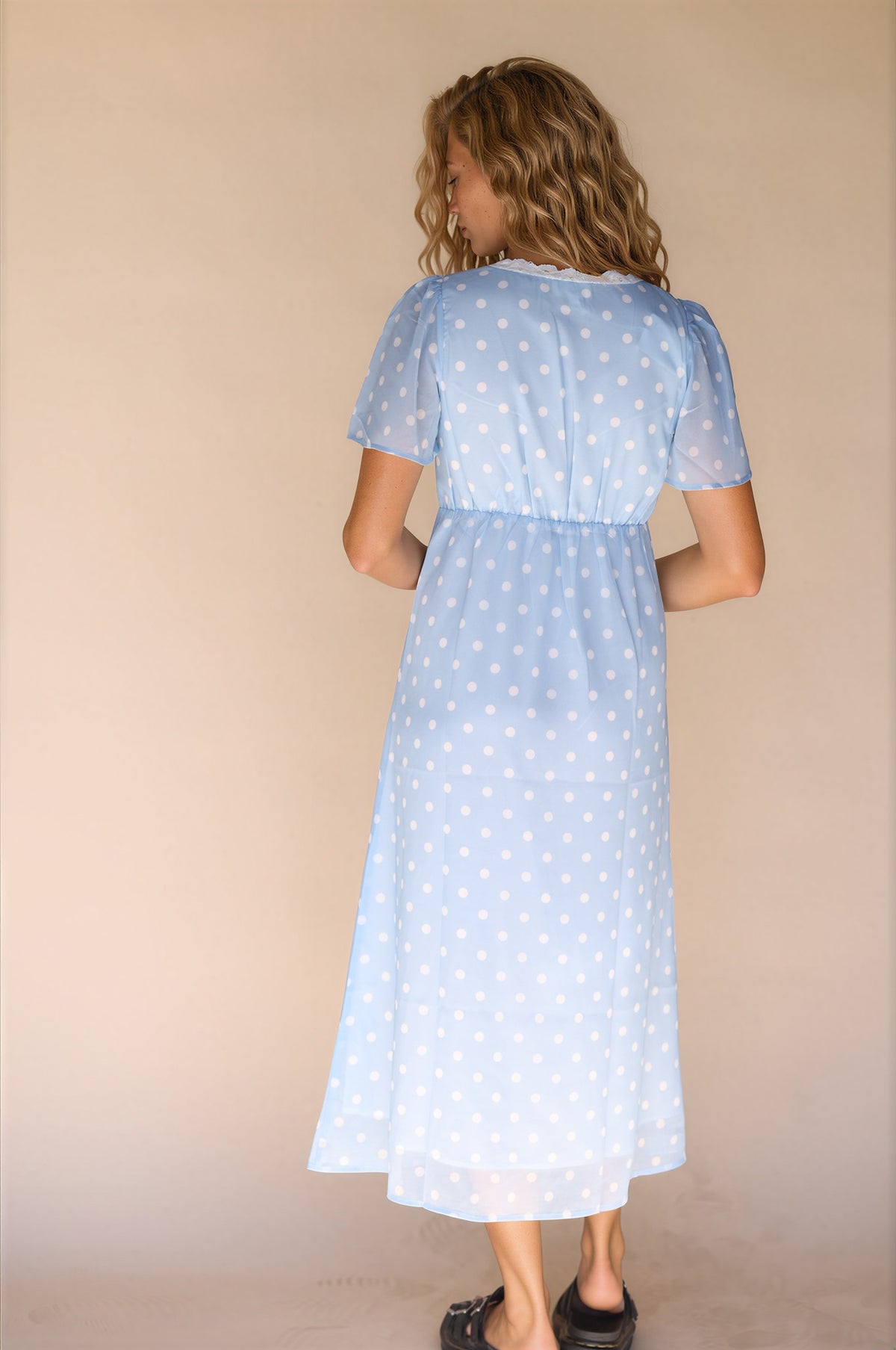 Chiffon Flutter Sleeve Polka Dot Midi