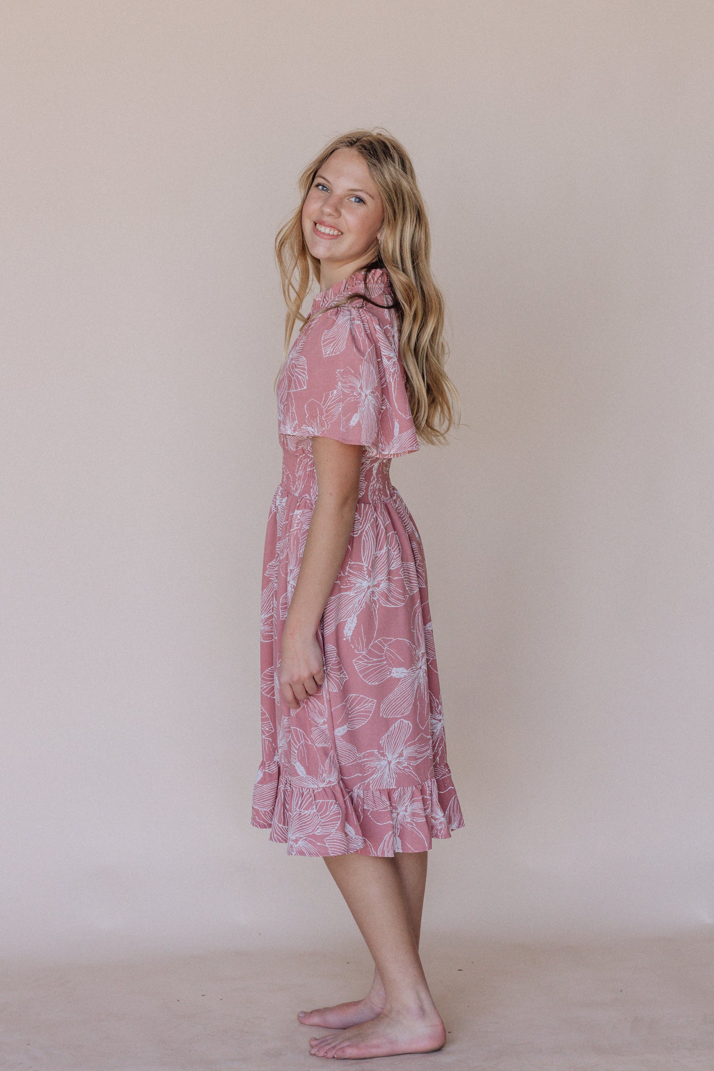 light pink floral maxi dress Kearny Ruffle Maxi length Light weight satin material Fully lined Ruffle detailing Invisible left side zip V neckline Thin straps Criss Petal and Pup Women's Rori