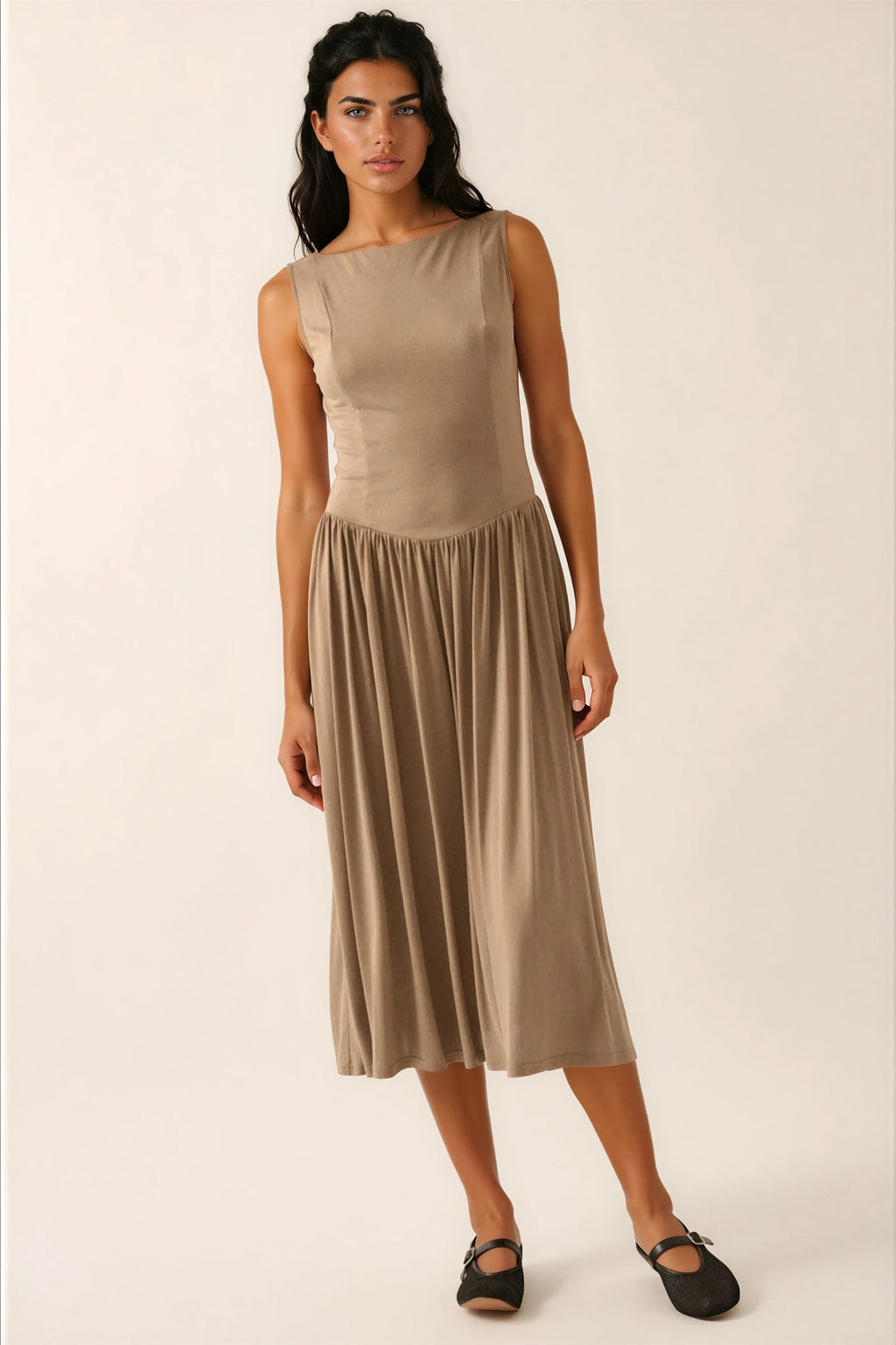 Annie Modal Knit Boatneck Drop-Waist Midi Dress