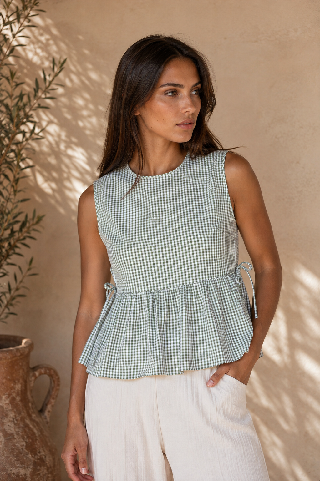 Kailee Gingham Sleeveless Peplum Top in Sage