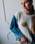 Denim Contrast Knit Smiley Sweater