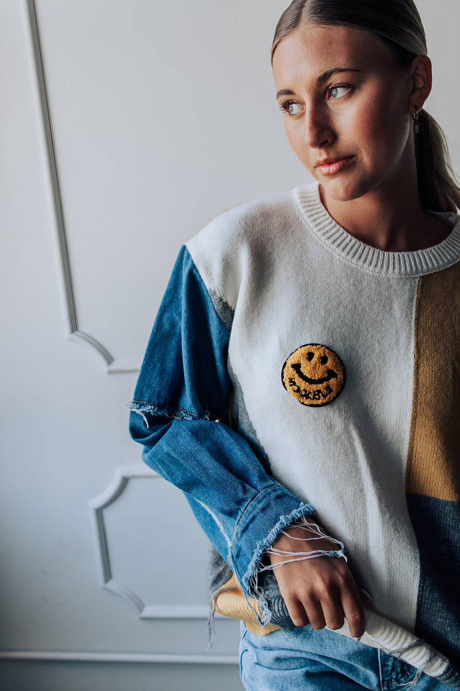 Denim Contrast Knit Smiley Sweater