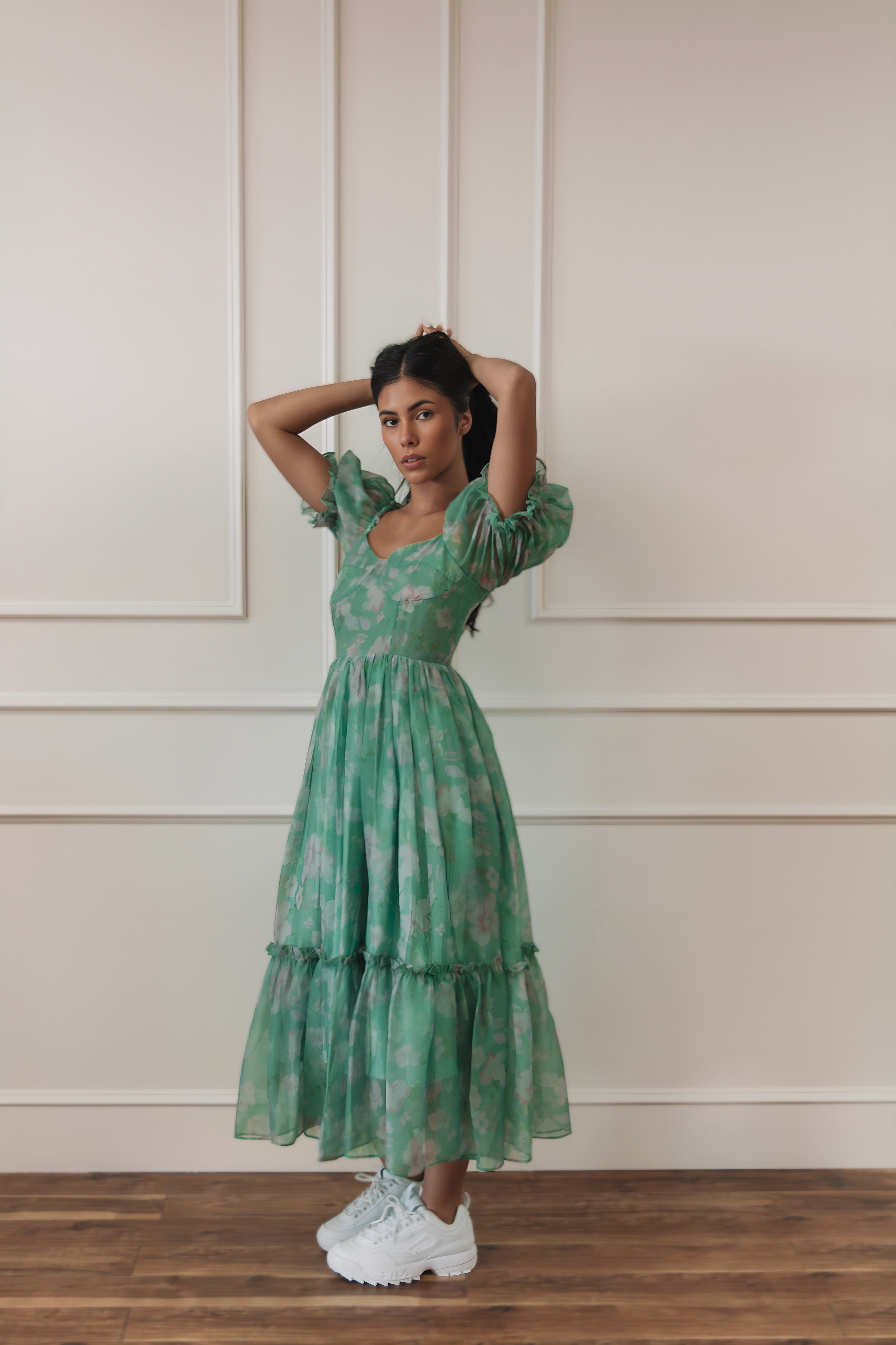 Green floral maxi dress with puff sleeves