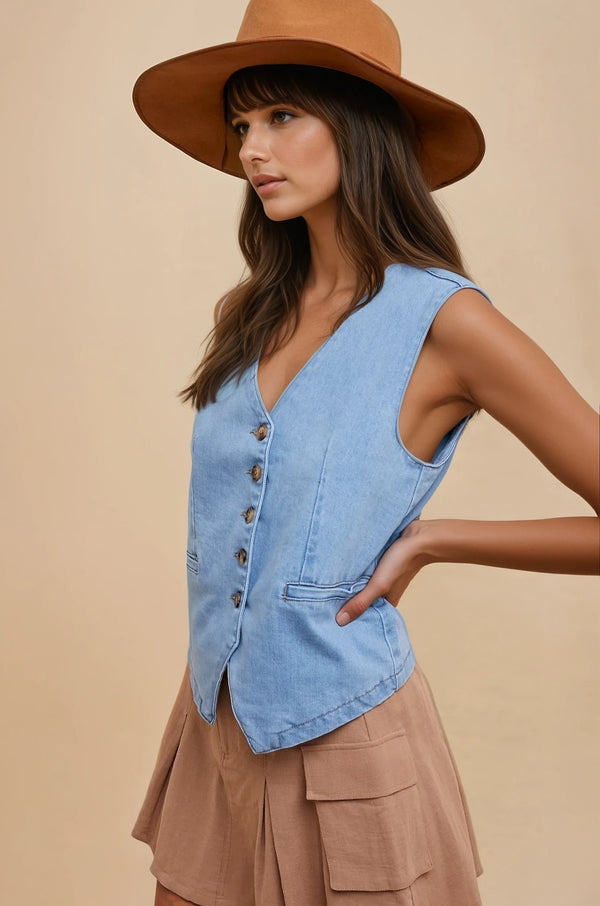 Woman wearing a blue denim vest and brown hat against a beige background
