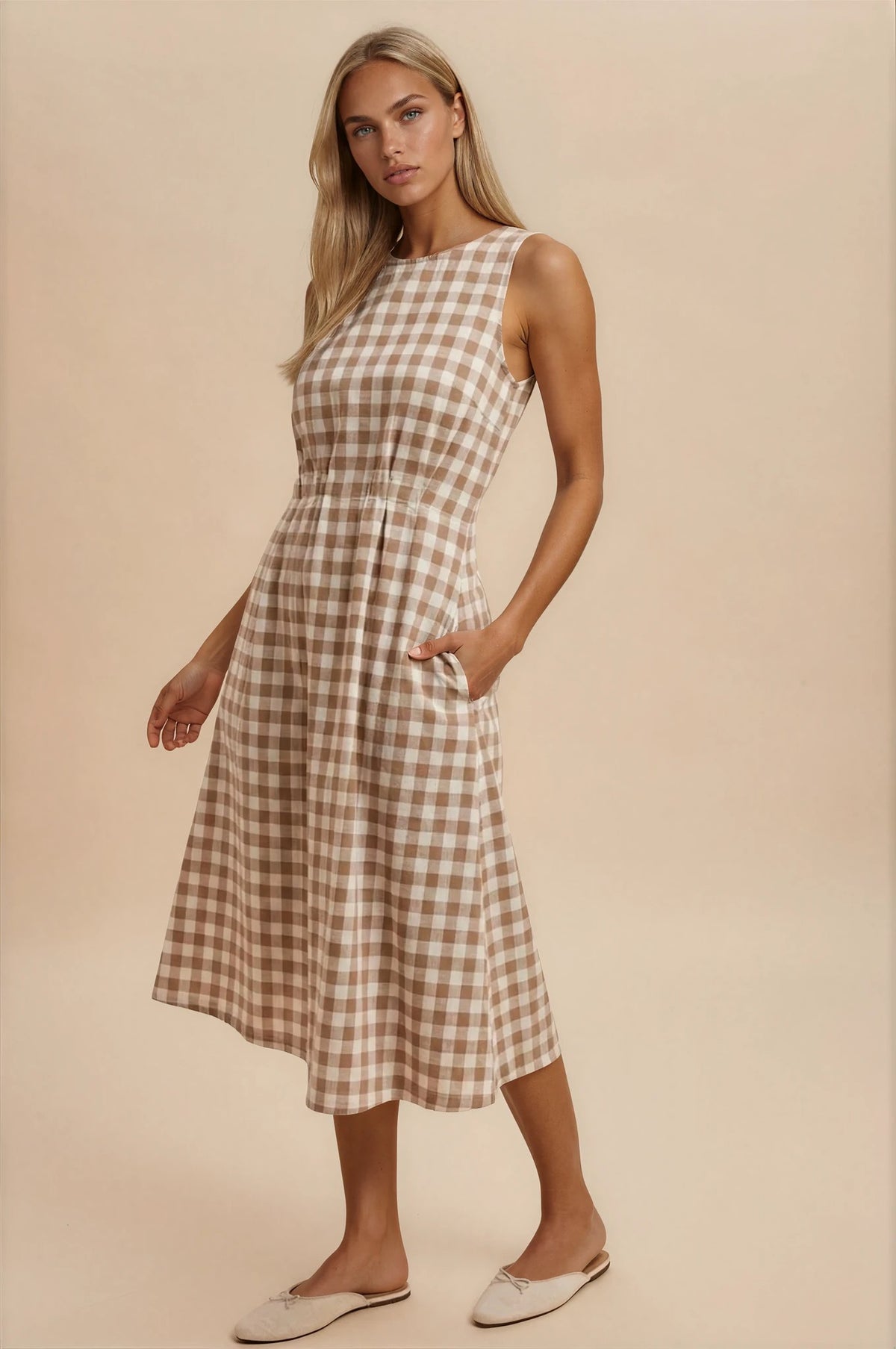 Annabelle Sleeveless Midi Dress in Taupe