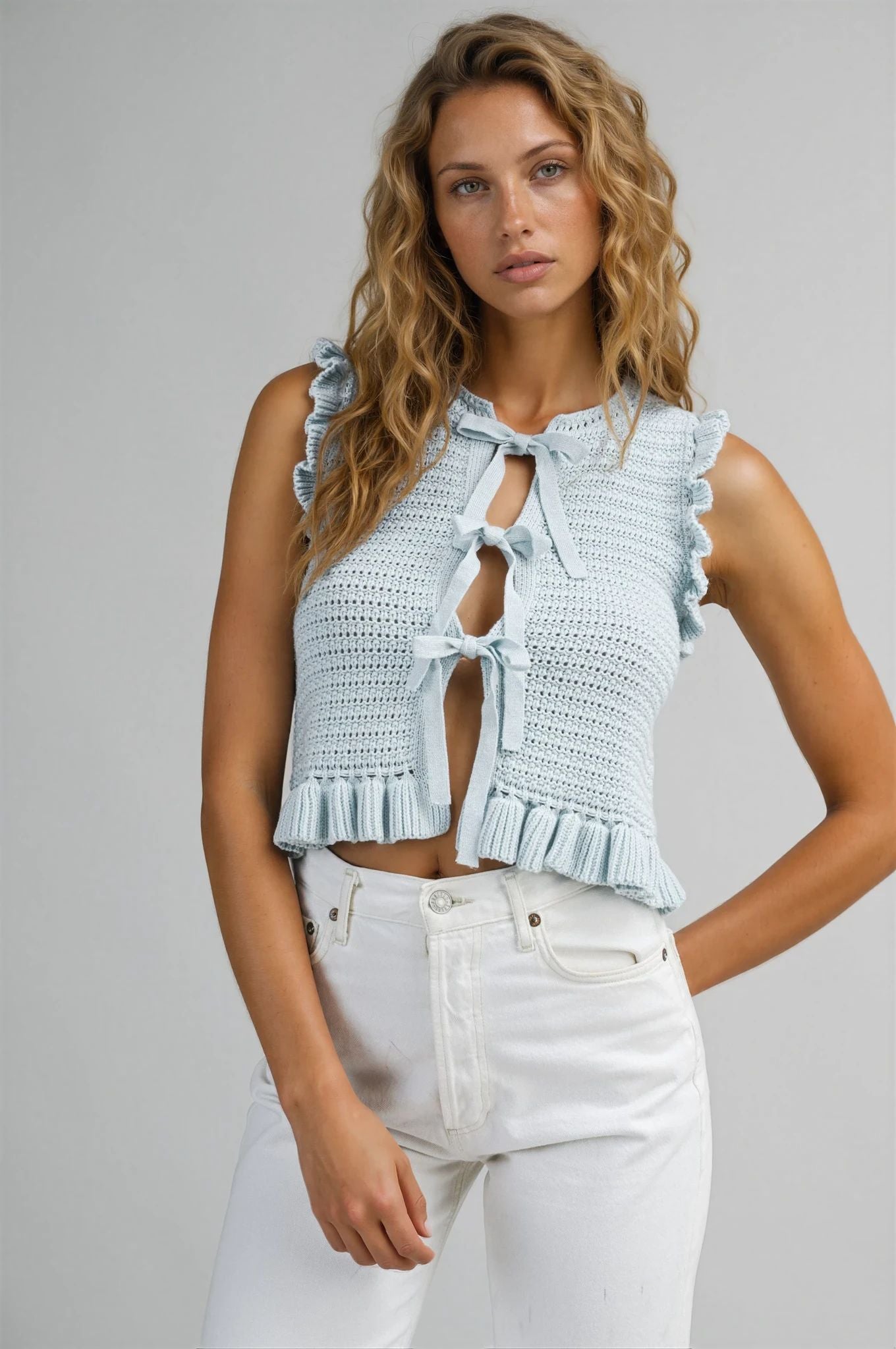 Sara Reversible Ruffle Knit Top in Light Blue – FEHRNVI
