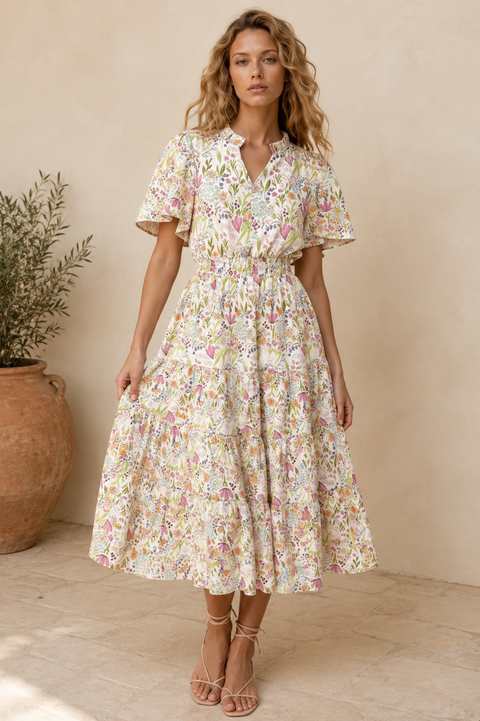 Isabel Smocked Waist Floral Dress in White
