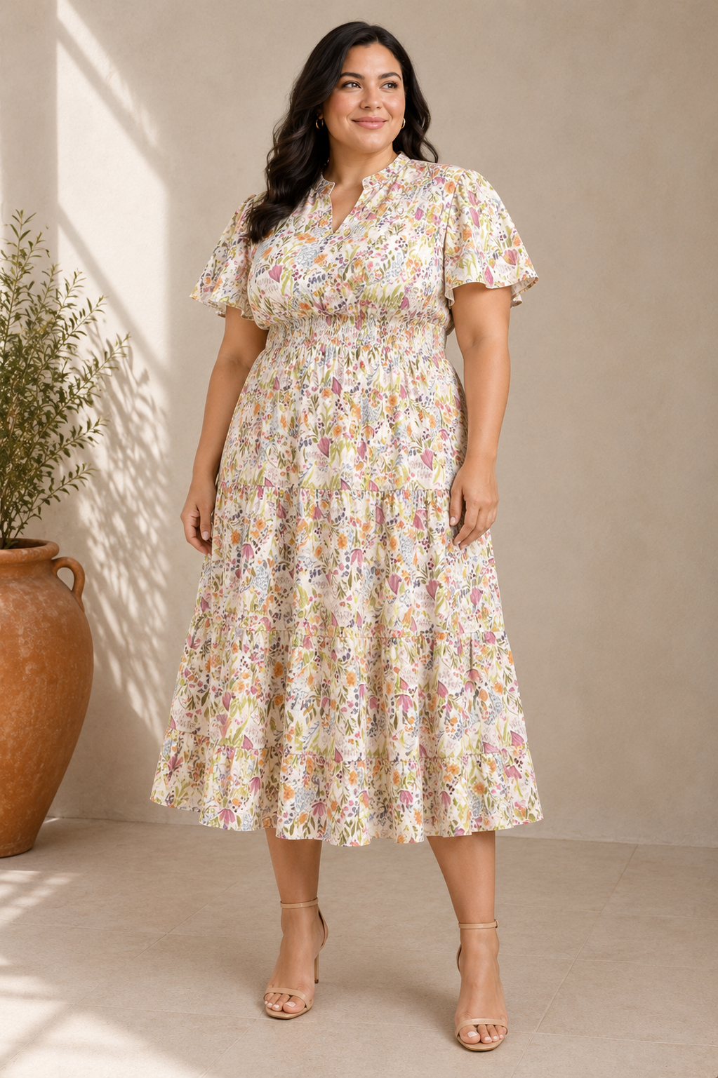 Isabel Smocked Waist Floral Dress in White