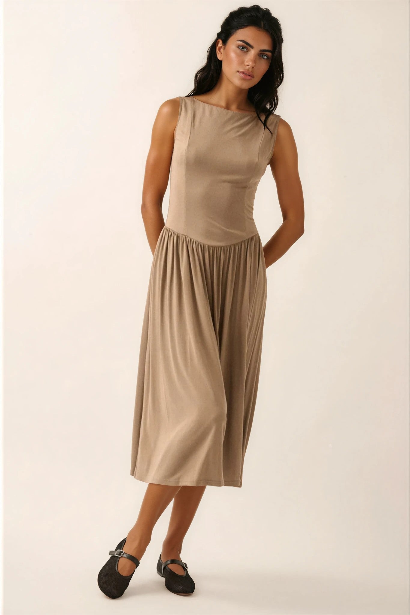 Annie Modal Knit Boatneck Drop-Waist Midi Dress S