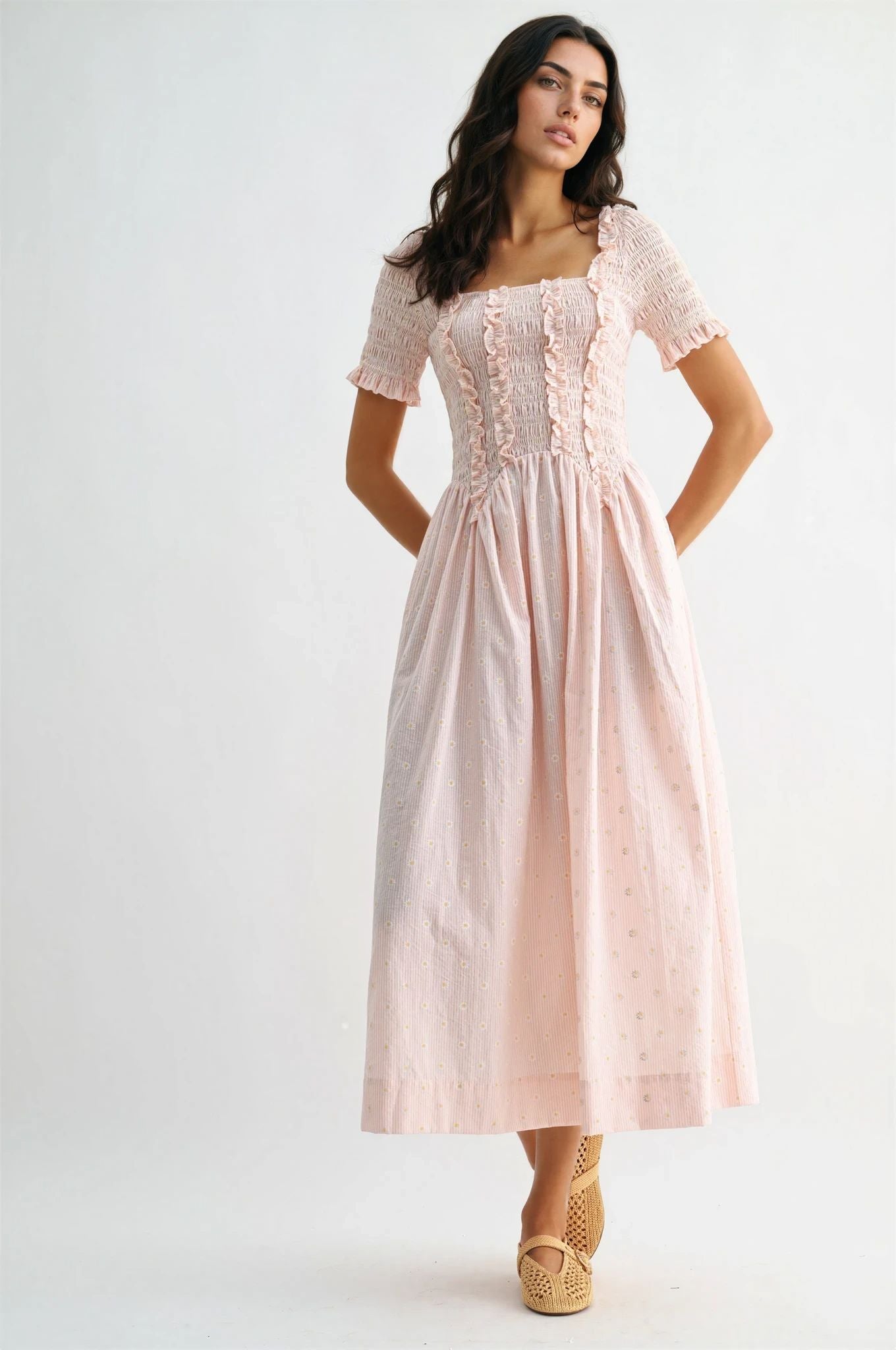 Ditsy Smocked Midi Dress L