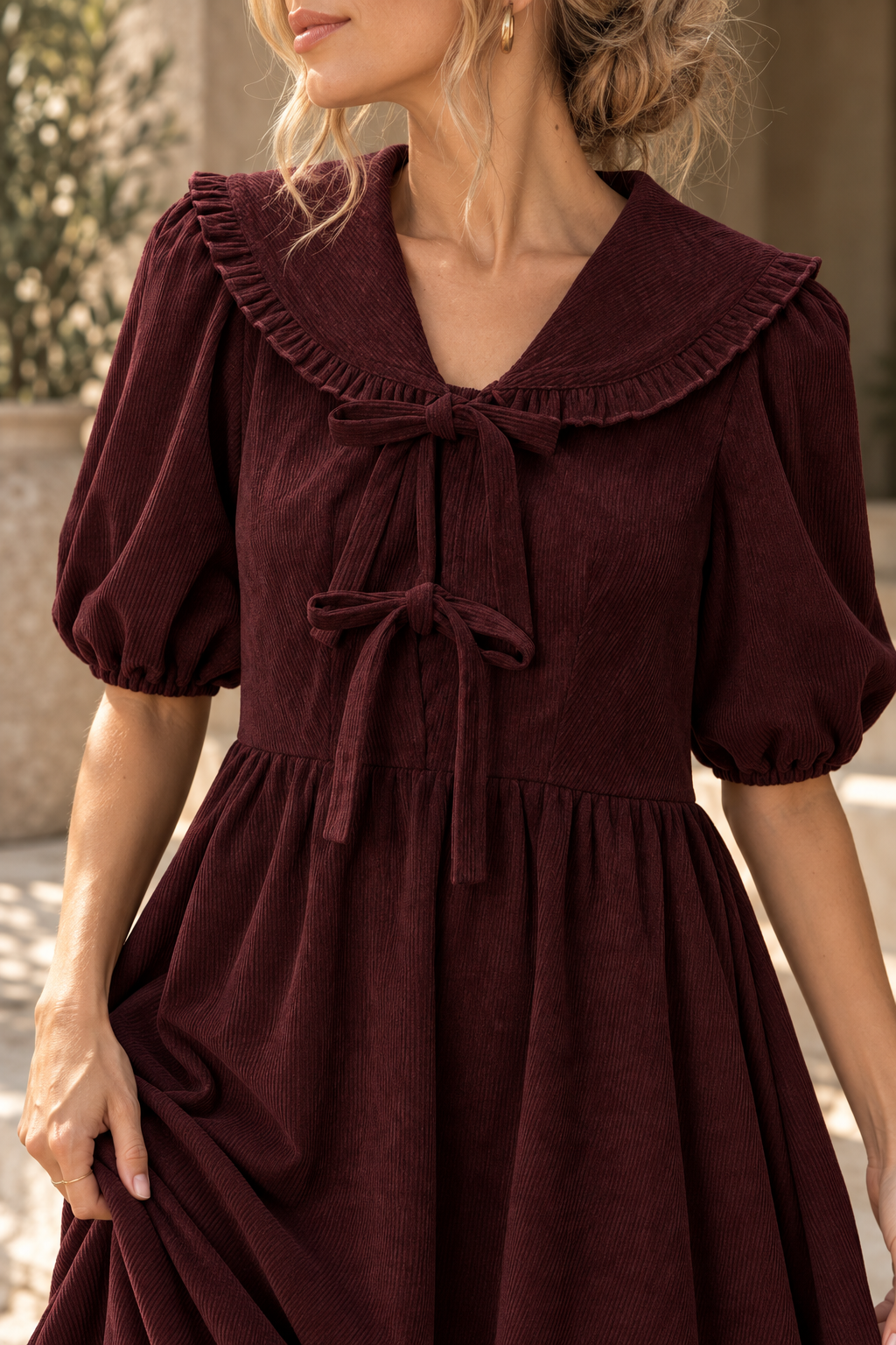 Josie Corduroy V Neck Dress in Brown