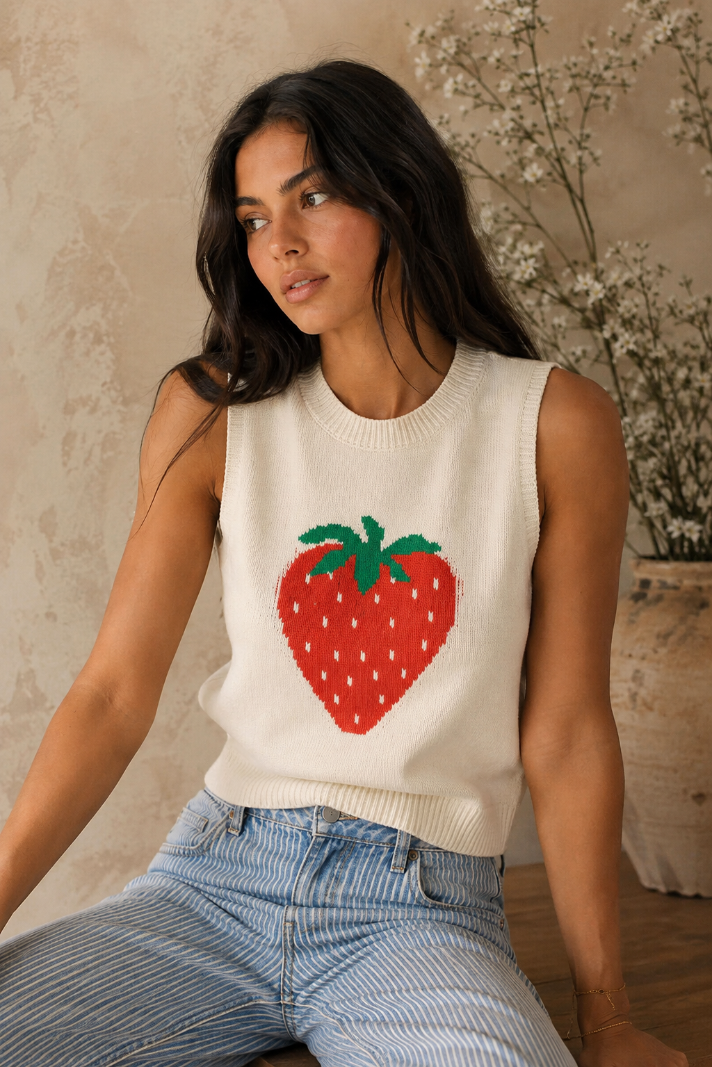 Strawberry Sleeveless Top in Cream