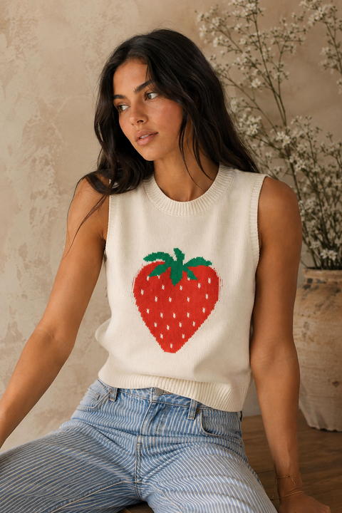 Strawberry Sleeveless Top in Cream