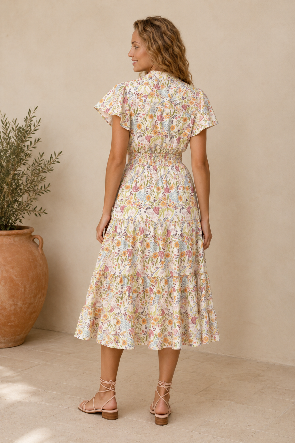 Isabel Smocked Waist Floral Dress in White