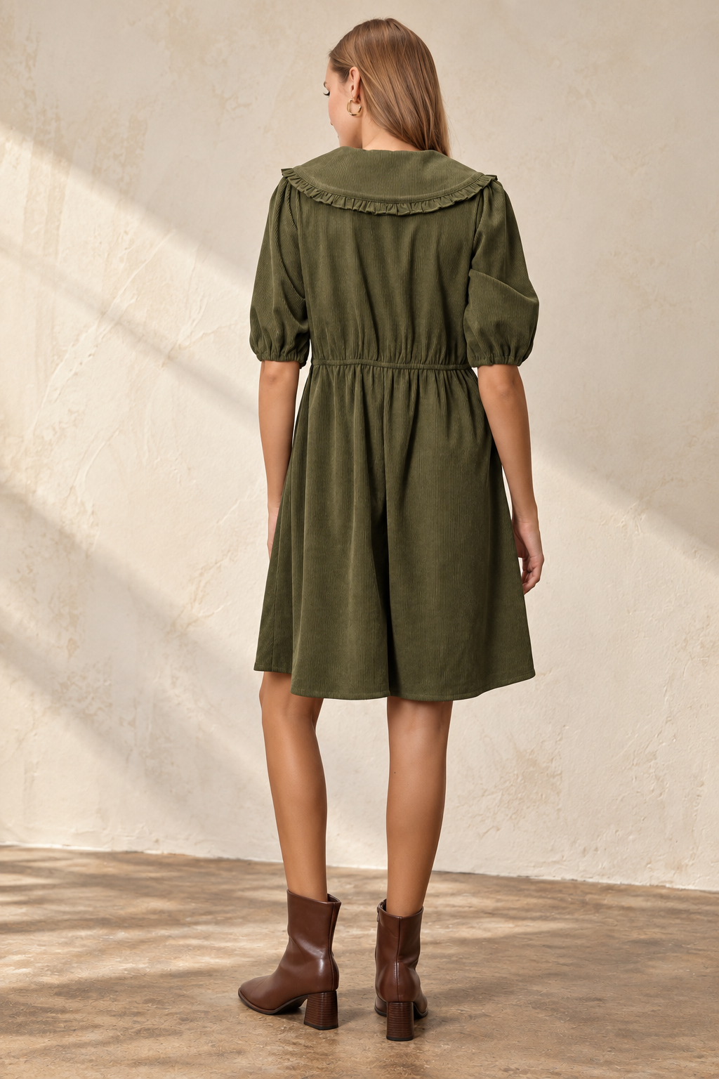 Josie Corduroy V Neck Dress in Olive