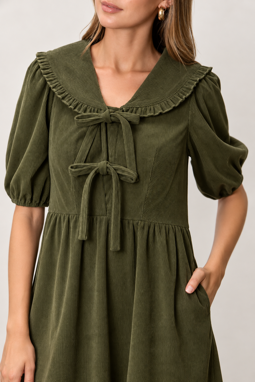 Josie Corduroy V Neck Dress in Olive