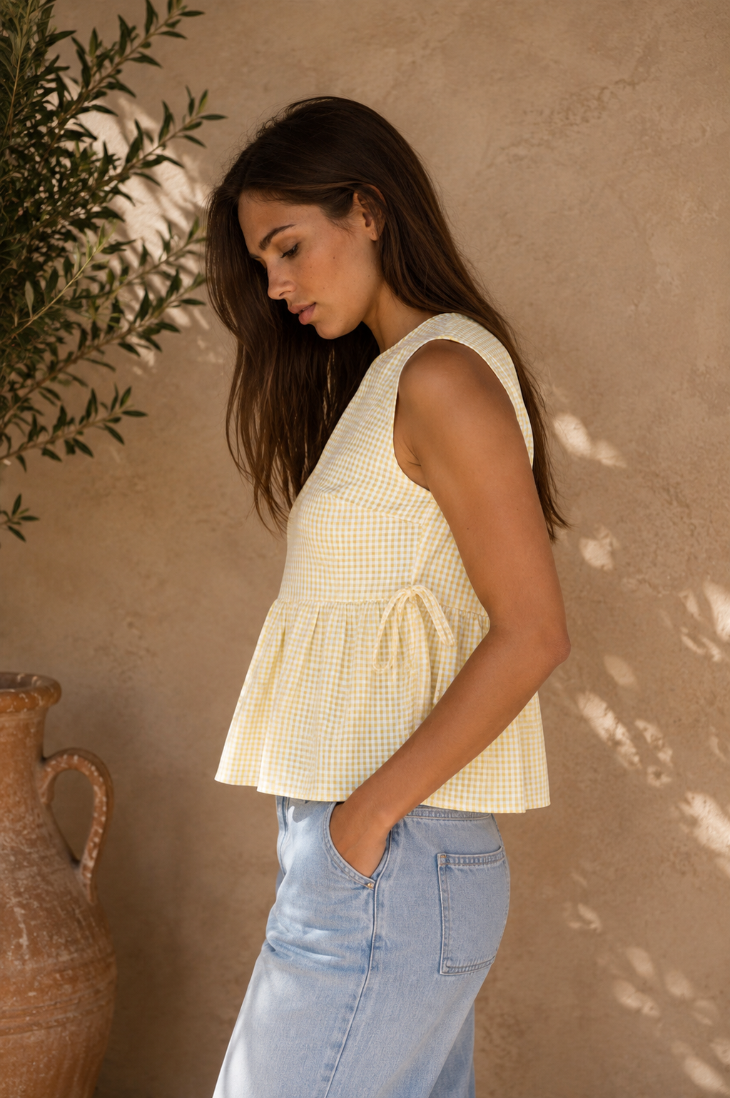 Kailee Gingham Sleeveless Peplum Top in Yellow