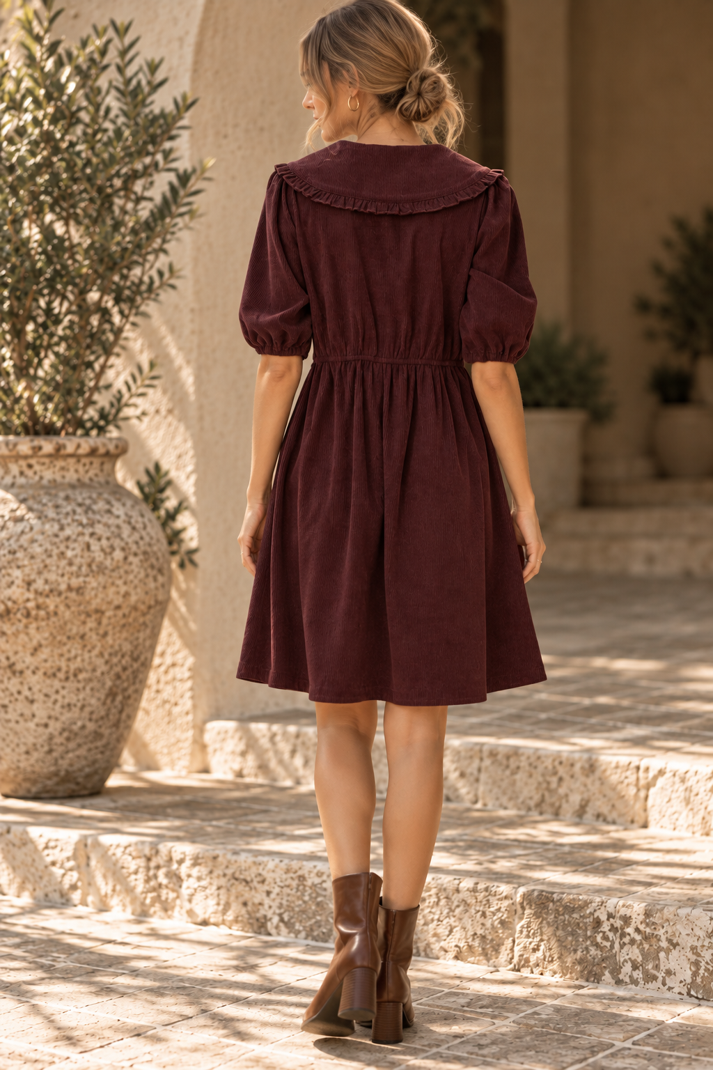 Josie Corduroy V Neck Dress in Brown
