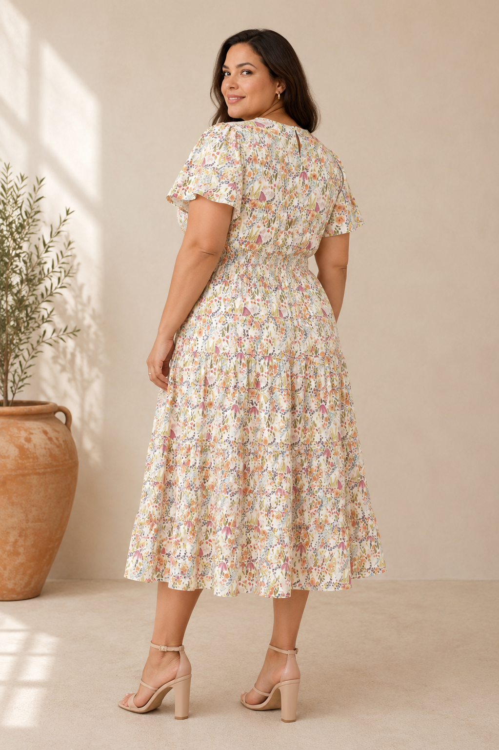 Isabel Smocked Waist Floral Dress in White