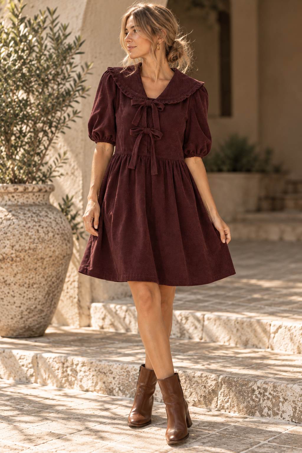 Josie Corduroy V Neck Dress in Brown – FEHRNVI