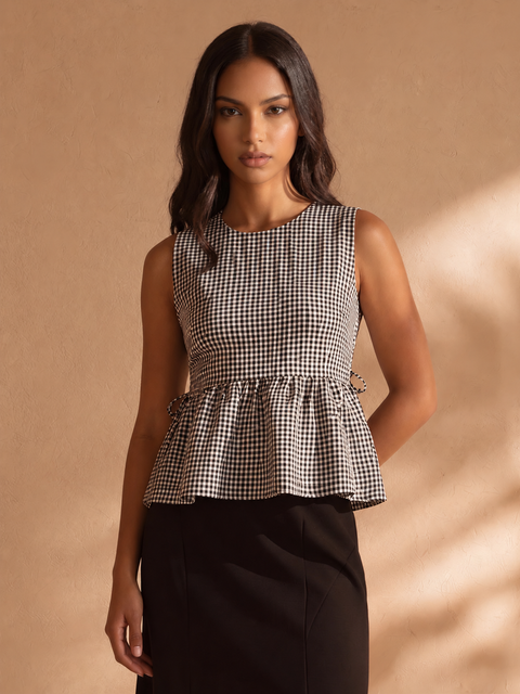 Kailee Gingham Sleeveless Peplum Top in Black