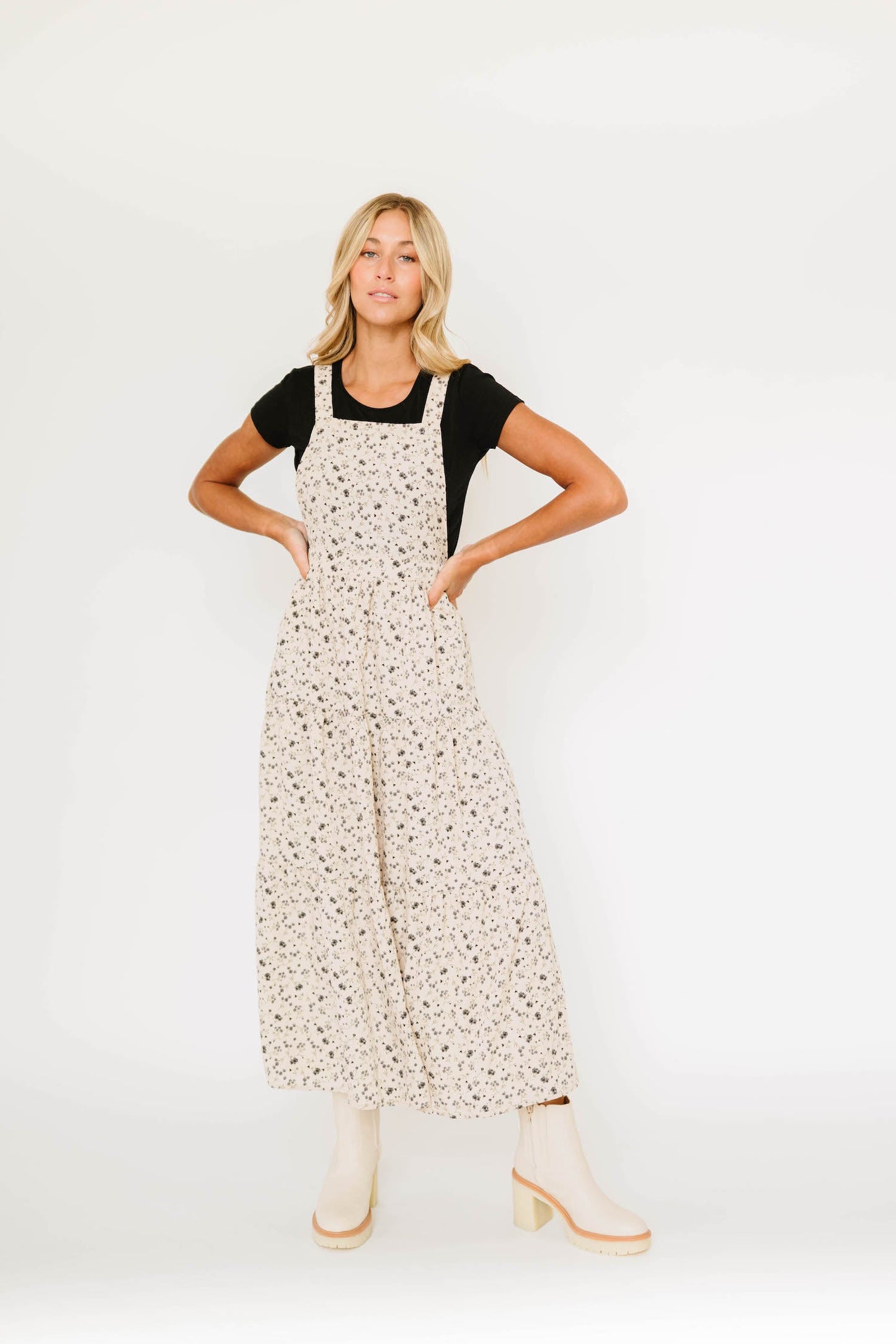 Black and taupe floral print overall dress