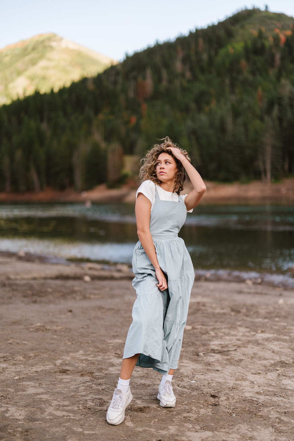 Shay Overall Dress in Dusty Blue