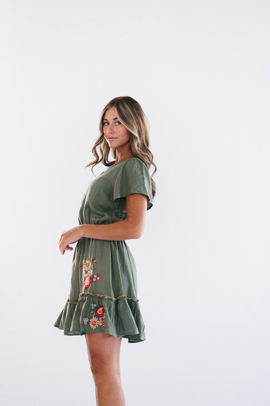 Olive green mini dress with short sleeves