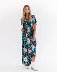 Blue and pink floral printed maxi dress