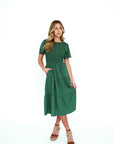Midi dress with smocked bodice in emerald green