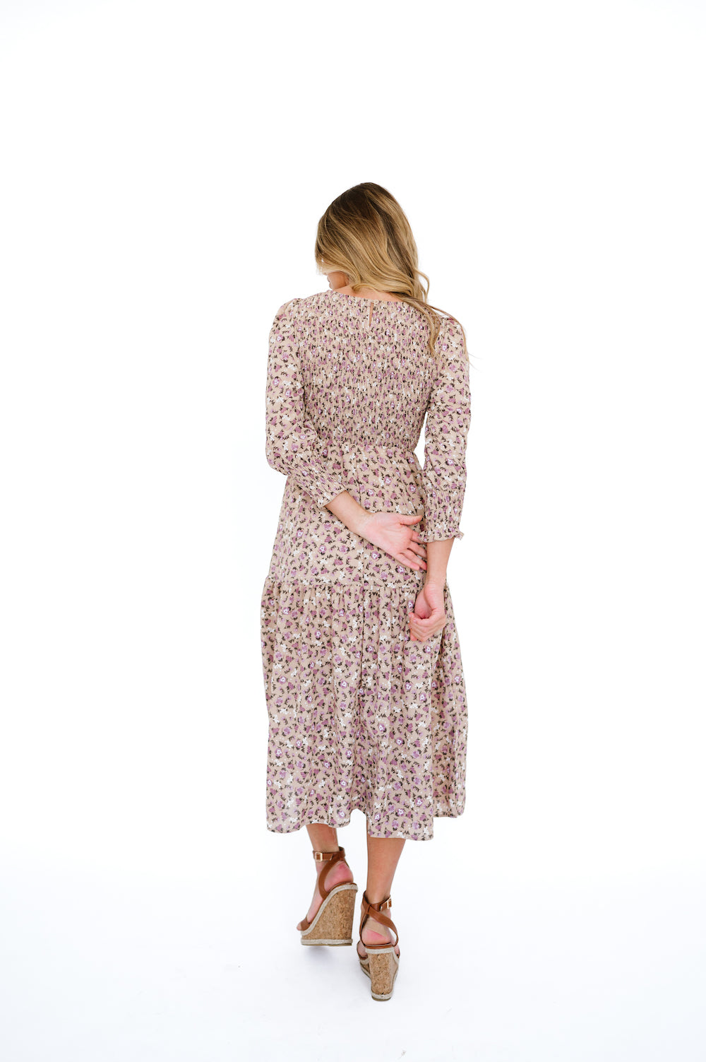 Taupe dress with purple floral print