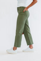 High waisted pants with wide legs in olive green