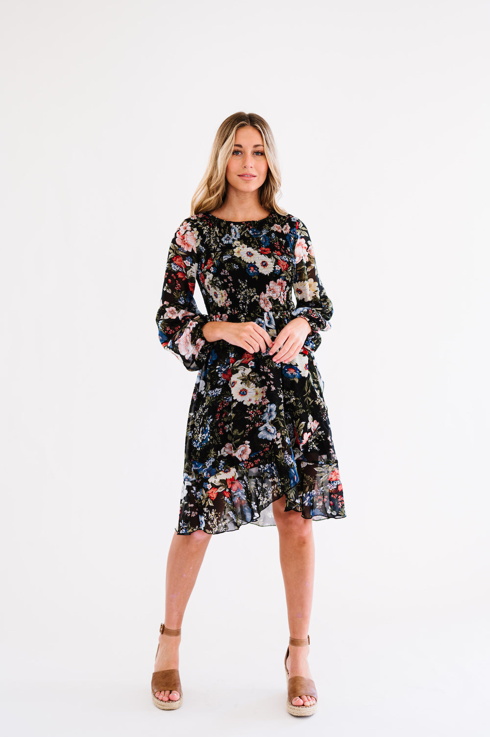 Black floral mini dress with long sleeves