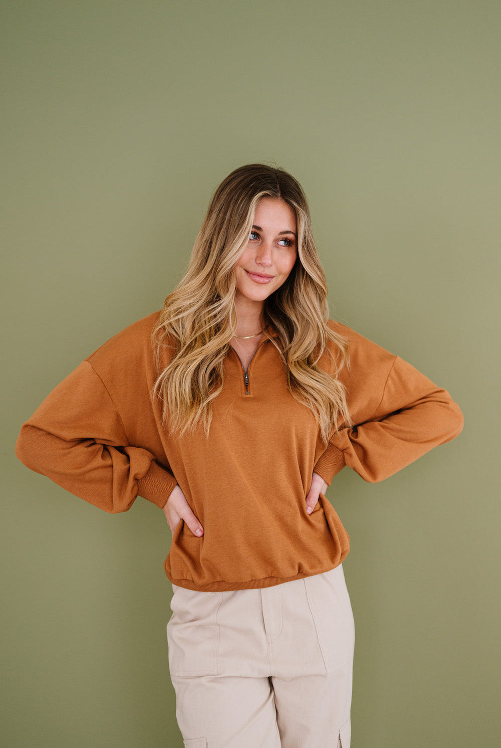 Camel brown pull-over with quarter zip