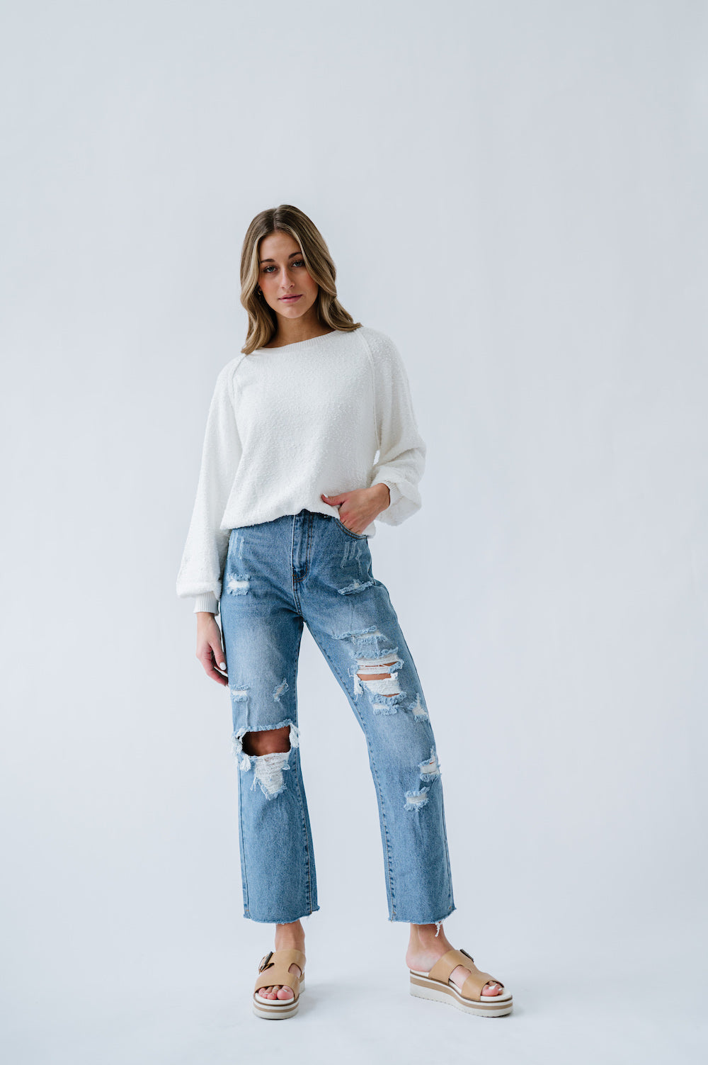 Cotton denim distressed jeans