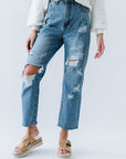 Straight leg pants with distressed details