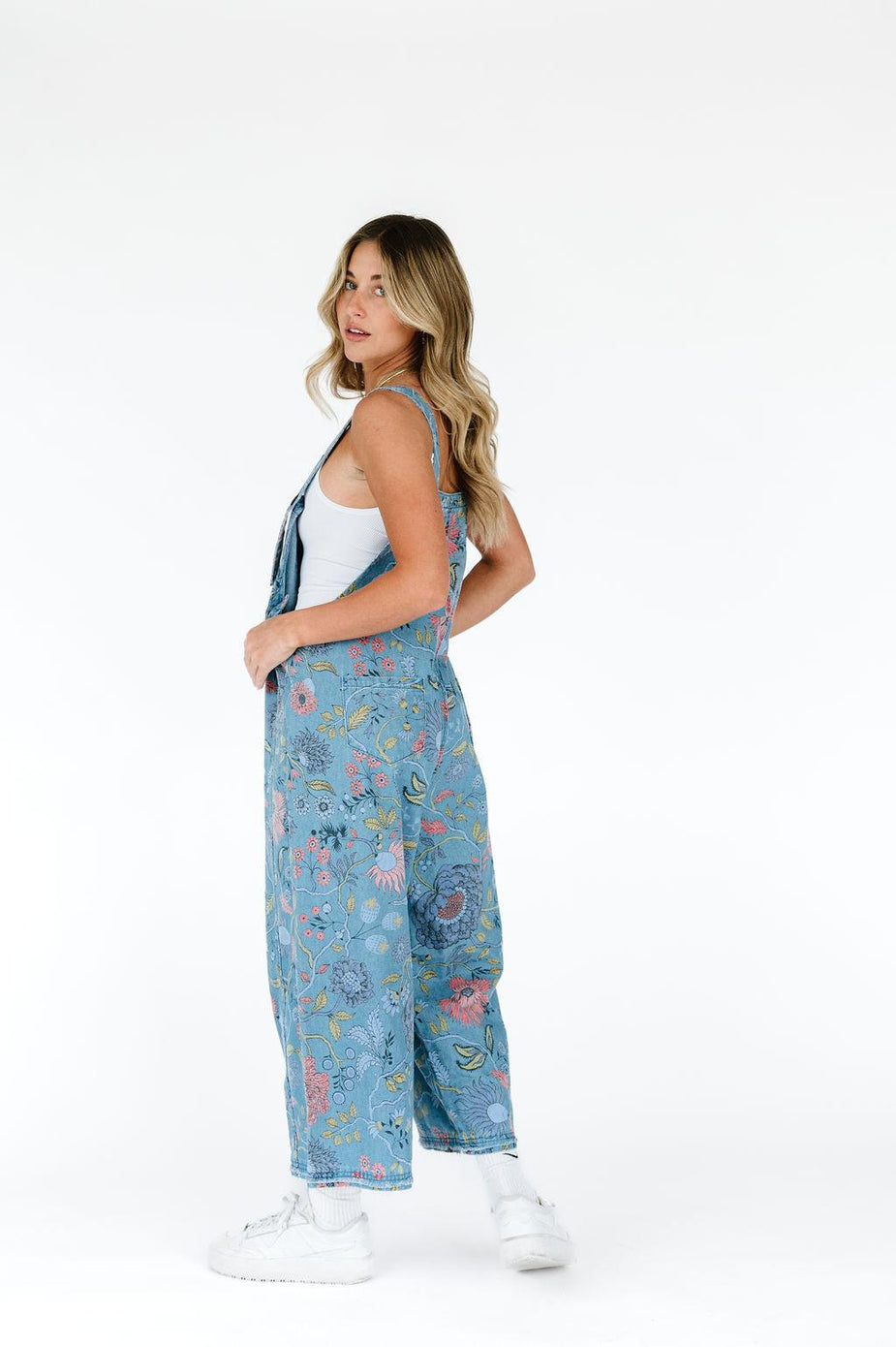 Baggy fit floral pattern women's denim overall