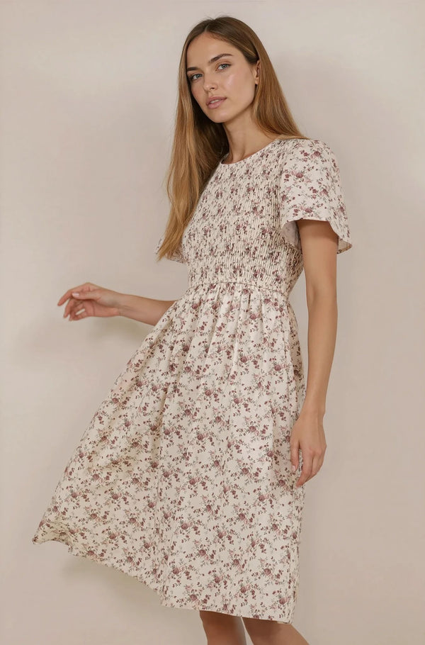 Maylee Dress in Cream Purple Floral