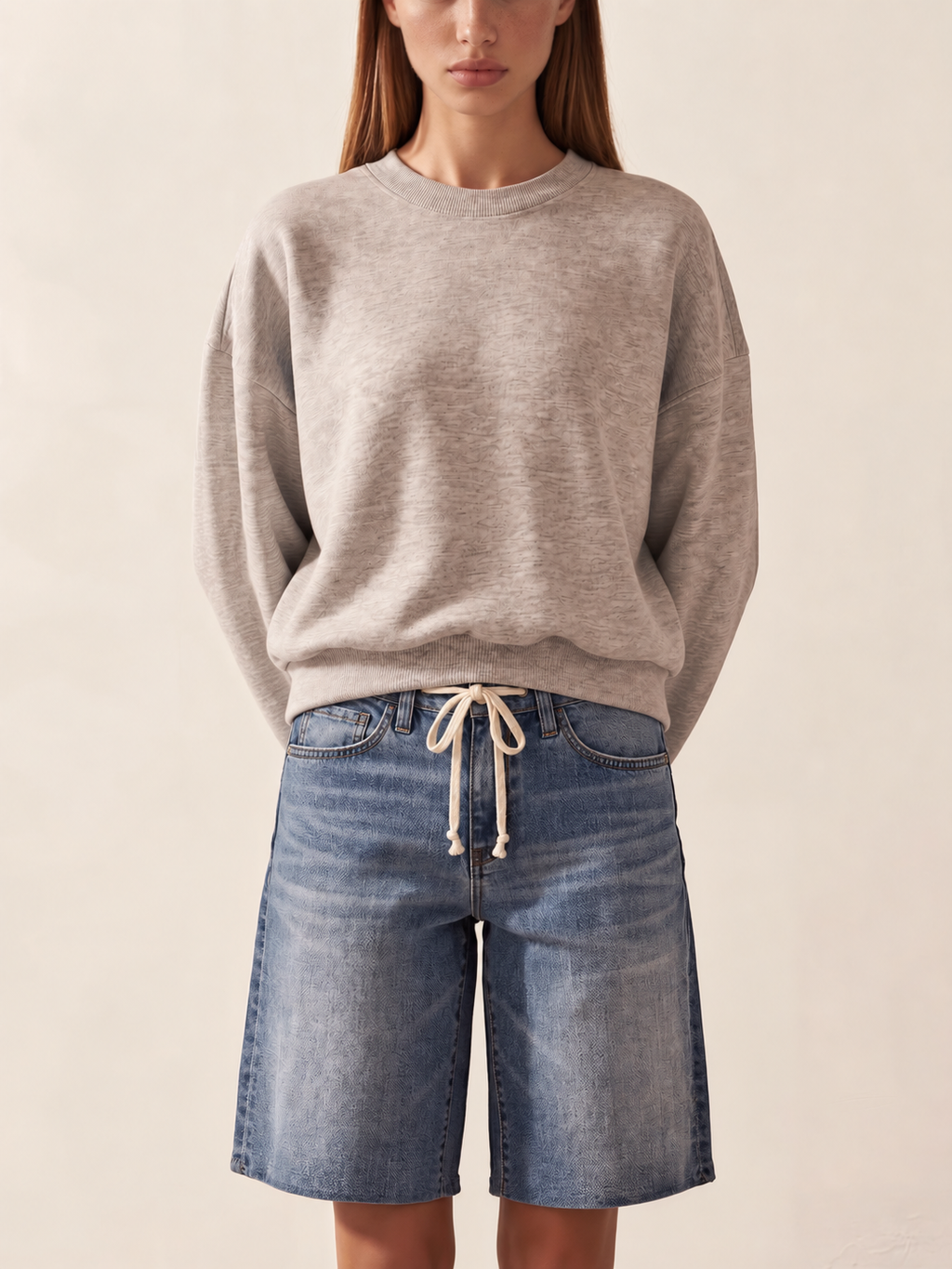 High Rise Waist Tie Denim Bermuda Shorts