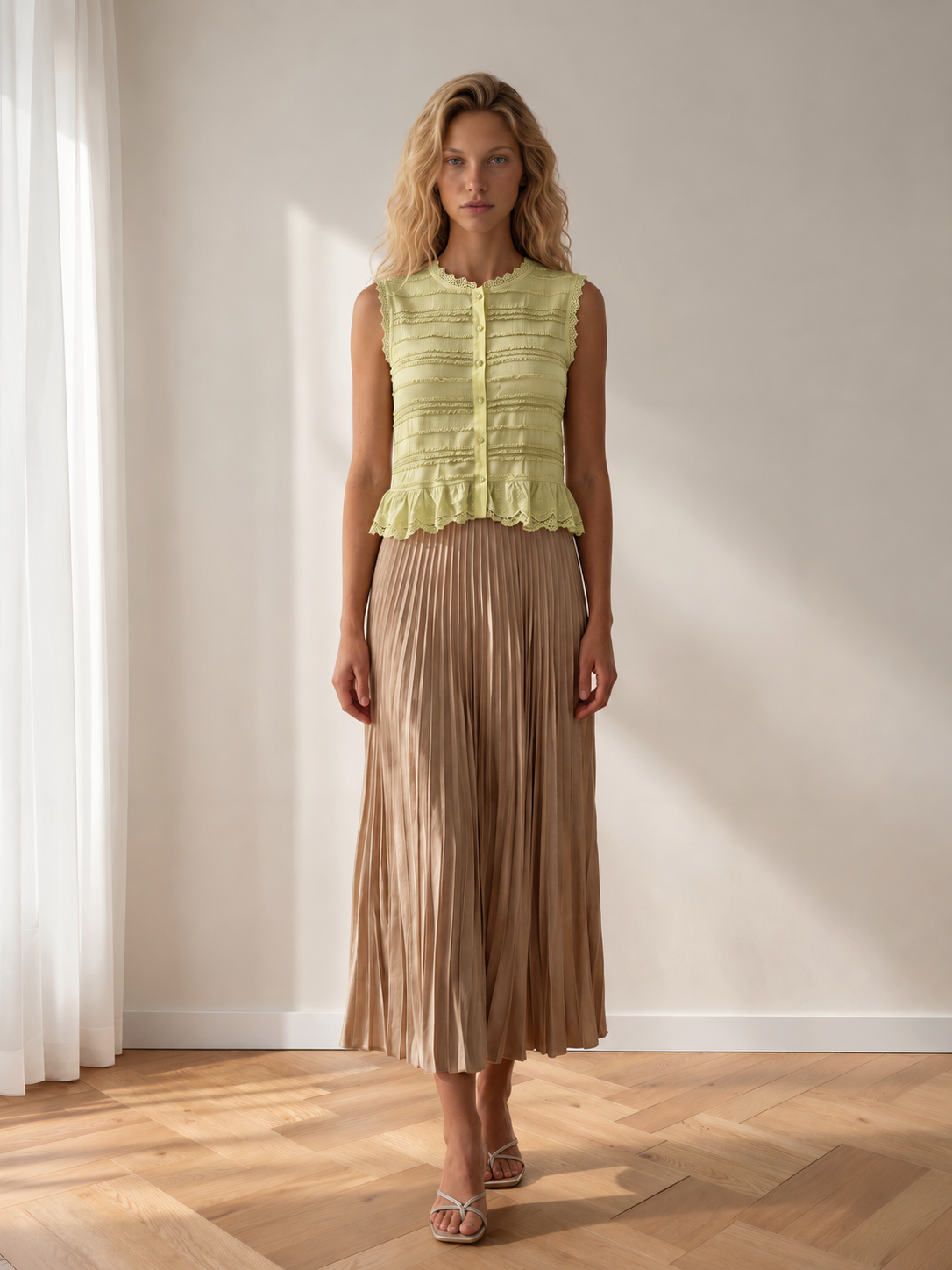 Vera Button Down Lace Tank in Green