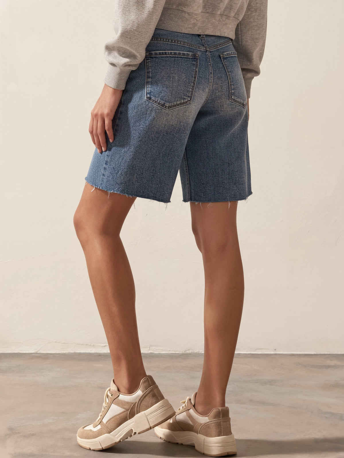 High Rise Waist Tie Denim Bermuda Shorts