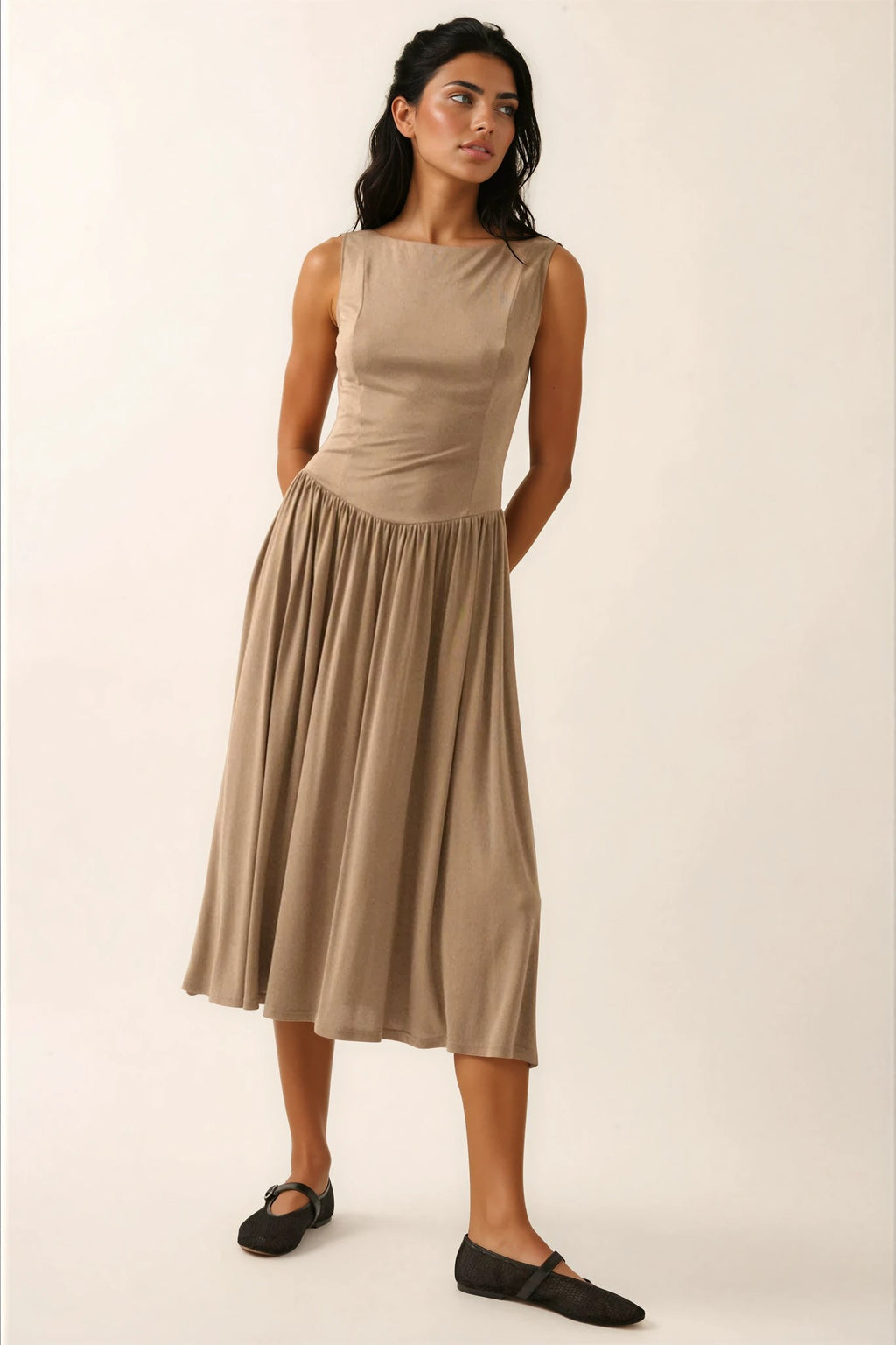 Annie Modal Knit Boatneck Drop-Waist Midi Dress